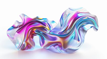 3D render of a fluid shape with holographic colors on a white background, Holographic liquid background.