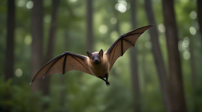 Flying Pipistrelle Bat In Natural Forest Background .Generative AI