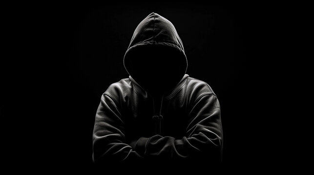 silhouette of a man in a hood on a black background, Silhouette of an unidentifiable person wearing a hooded sweatshirt, generative ai