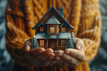 A person holding their hands in front of an architectural model house, protecting it from the elements or includes home insurance concept 
