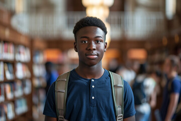 Portrait of  young Afro-American young man with backpack standing  in school or university library or education center. Refugee or immigrant education. AI Generated