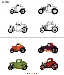 Conjunto de pequeños coches de estilo hotrod, en color y en lineas