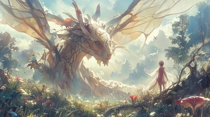 A magical dragon and a cloaked figure meet amidst a vivid forest, with sunlight streaming through an ethereal canopy - obrazy, fototapety, plakaty