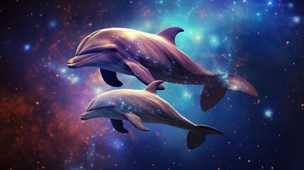 Two dolphins are swimming in a sea of stars. The background is a deep space blue with orange and pink nebulae. The dolphins are the main focus of the image. - obrazy, fototapety, plakaty