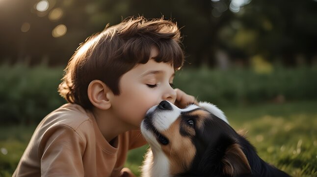 Boy Kissing Dog .Generative AI
