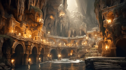 Naklejka premium Underground city with river and rooms, fantasy of lost cave town
