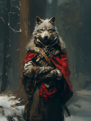 A formidable anthropomorphic wolf warrior stands solemnly in the wilderness, cloaked in a vibrant red cape amid a backdrop of stark winter woods