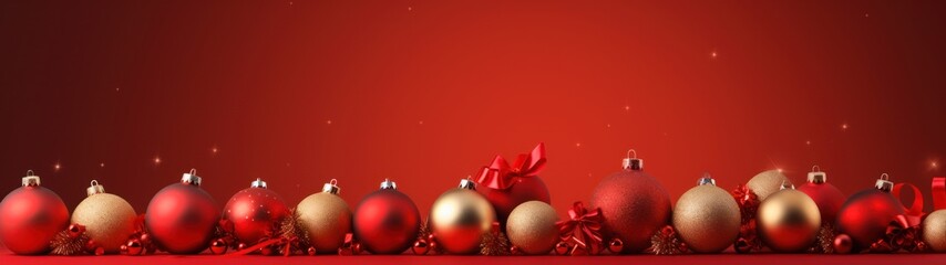Fototapeta na wymiar Red Christmas banner with a row of gold and red Christmas decorations including balls, bows.