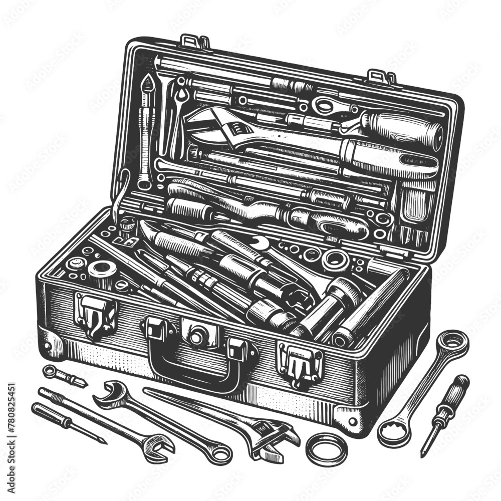 Poster open toolbox, displaying a range of mechanical tools in a striking black and white style sketch engr