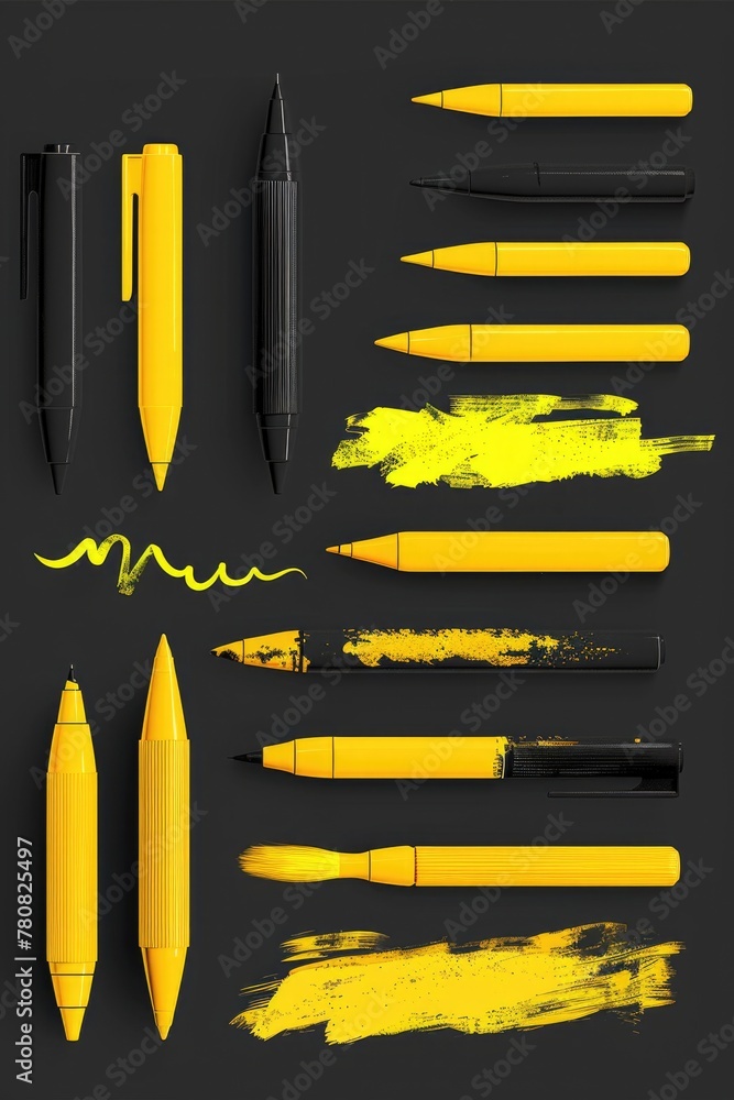 Poster various pens and bottles of ink displayed on a dark background. perfect for stationery or art suppli