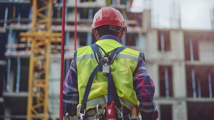 A construction worker wearing a safety vest and helmet. Ideal for construction industry concepts
