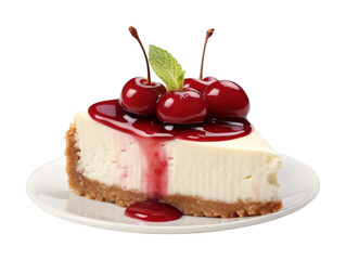 Cherry Cheesecake isolated on transparent png background. Generative ai