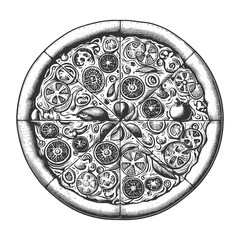 pizza with a variety of toppings, cut into slices sketch engraving generative ai vector illustration. Scratch board imitation. Black and white image.