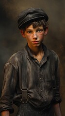 A chimney sweep boy with a dirty face and clothes, wearing a cap and suspenders.
