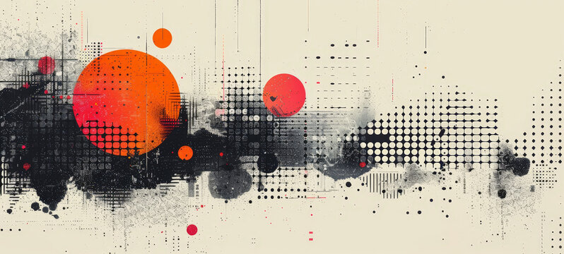 Vibrant abstract artwork with halftone patterns, splashes, and geometric shapes in red, black, and white. Ideal for modern backgrounds or wallpapers.