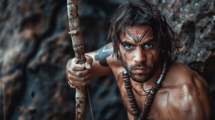 A prehistoric man of pleasing appearance, adorned with body tattoos reflecting ancient practices and cultural symbolism.
