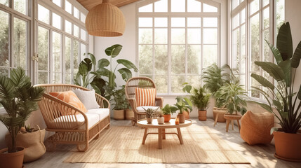 Bright and airy sunroom with wicker furniture and indoor plants - obrazy, fototapety, plakaty