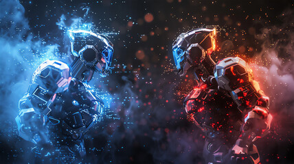 Two robots against each other, blue and red color, digital code in the form of rain on the background. light haze of fog.