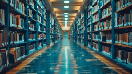 Abstract depiction of an unfilled college library interior, featuring defocused bookshelves. Suitable for background use in book-related businesses or educational contexts. - obrazy, fototapety, plakaty