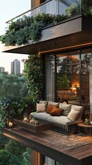 a stylish balcony is adorned with elegant furniture and lush greenery, creating a serene outdoor retreat
