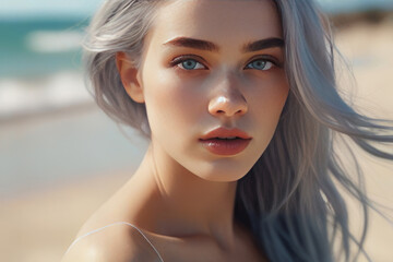 beautiful girl with bright blue eyes and blue hair against the background of the sea