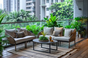 a stylish balcony is adorned with elegant furniture and lush greenery, creating a serene outdoor retreat
