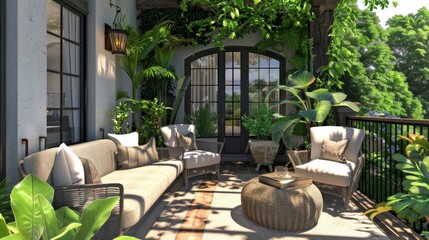 Fototapeta premium a stylish balcony is adorned with elegant furniture and lush greenery, creating a serene outdoor retreat 