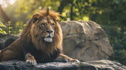Naklejka premium Lion Sitting on Top of a Large Rock