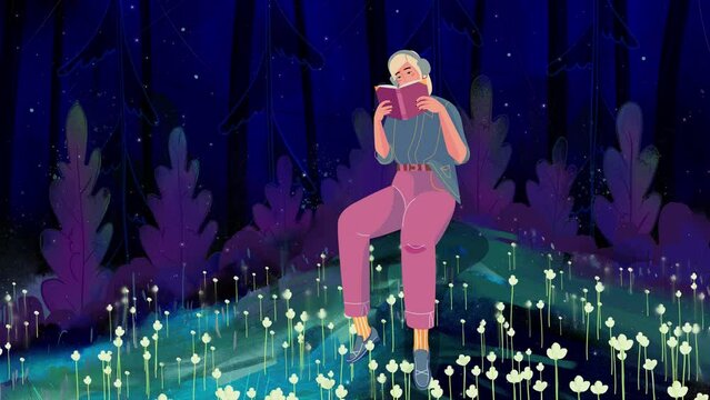 Smiling young woman reading a good book. Animation looped. Freedom and follow your dream concept. Night forest stars landscape.