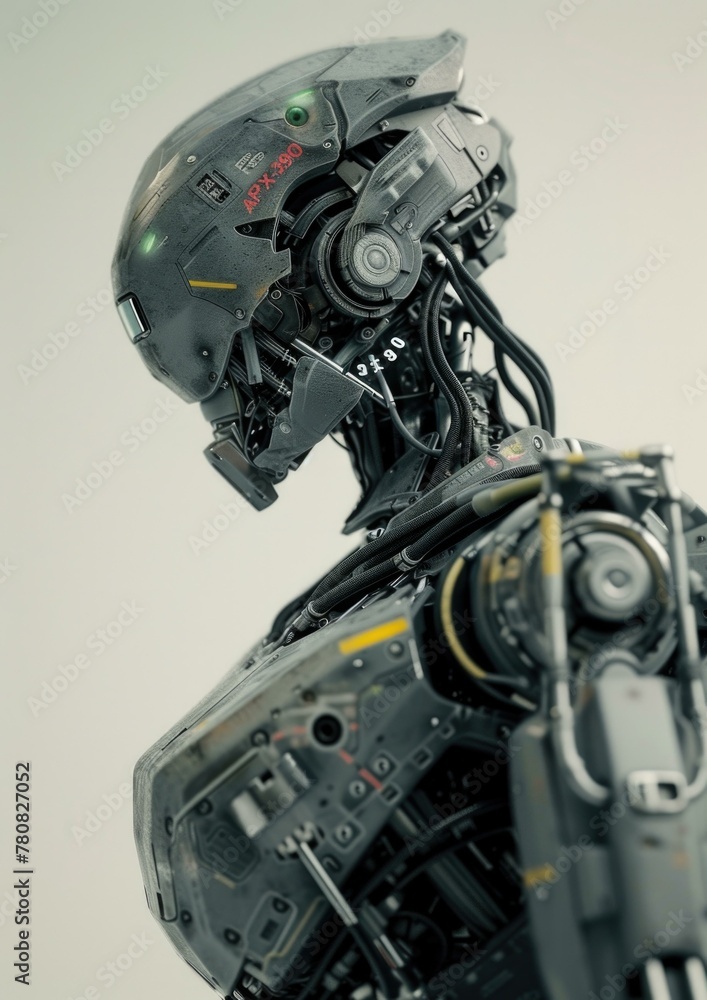 Poster a robot is standing in front of a white background. generative ai.