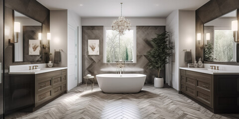 Bathroom in luxury home with double vanity, bathtub, and shower - obrazy, fototapety, plakaty