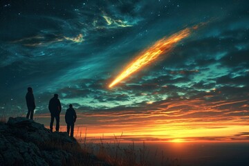 Family Observing Meteor Shower Over Ocean at Sunset