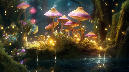 Obraz na płótnie Canvas Fairy illuminated woodland, surreal fantasy art