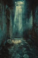 Mysterious Abandoned Building with Sunbeam Illumination and Decayed Walls