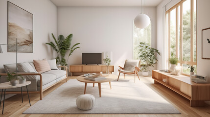 Fototapeta na wymiar Bright and airy contemporary living room with minimalist style
