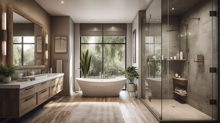 Obraz premium Beautiful Luxurious spa-like bathroom with a glass-enclosed shower