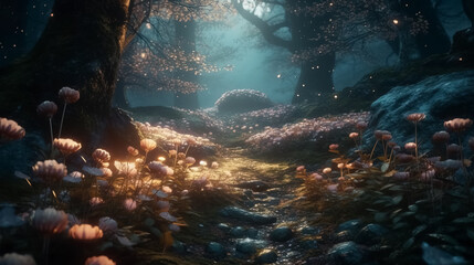 Fantasy forest, magic luminous flowers in fairytale wood - obrazy, fototapety, plakaty