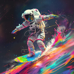 astronaut surfing on colorful paint splashes, vibrant digital artwork

