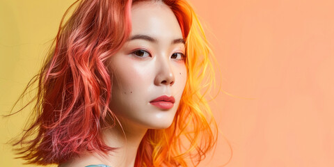 Close-up of a young Asian woman with ombre hair of red to yellow tones, looking to the side