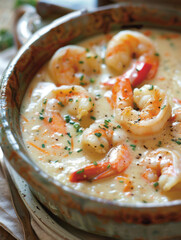 creamy shrimp and vegetable soup, featuring finely chopped leeks and carrots sautéed in margarine and olive oil, then simmered in a rich fish stock made from shrimp