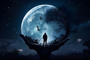 when a person is standing in front of a very full, blue moon  - obrazy, fototapety, plakaty