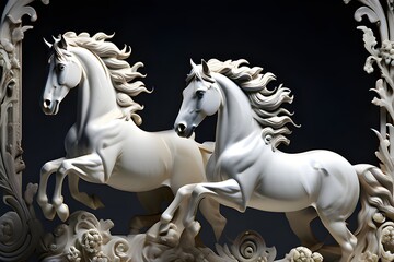 The image features two white horses with flowing manes and detailed carvings on a marble surface. - obrazy, fototapety, plakaty