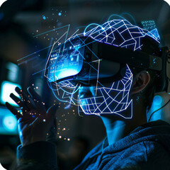 immersive technology, with blue technology lines around, using virtual reality glasses