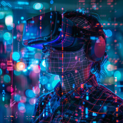 immersive technology, with blue technology lines around, using virtual reality glasses