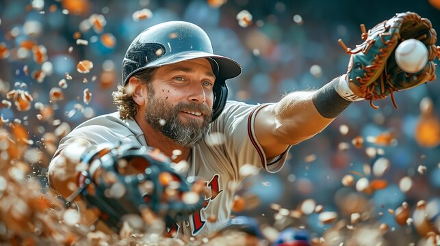 A baseball player is in the air, catching a ball