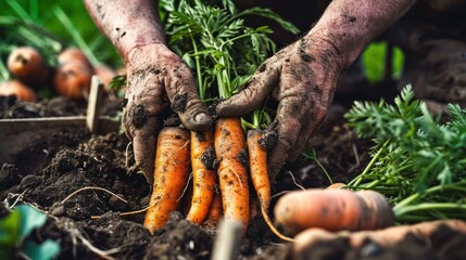 Man's hands hold a bunch of carrots with dirt. The carrots are lying on the ground.