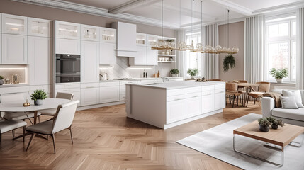 Fototapeta na wymiar Beautiful luxurious white kitchen and living room in a big house