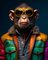 anthropomorphic monkey in funky clothes and sunglasses