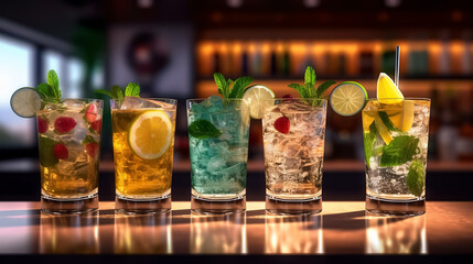 Fototapeta na wymiar Fresh cocktail drinks with ice fruit and herb decoration