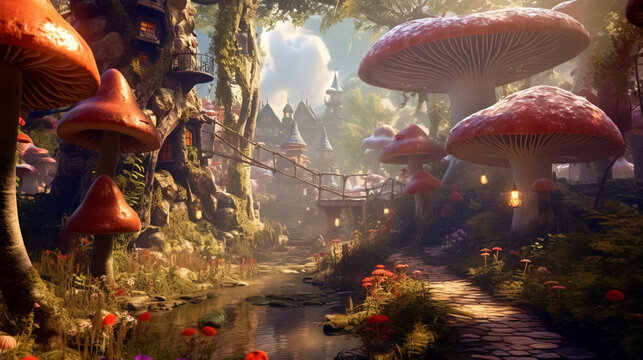 village and lights under gorgeous biggest mushroom in the Enchanted Woods
